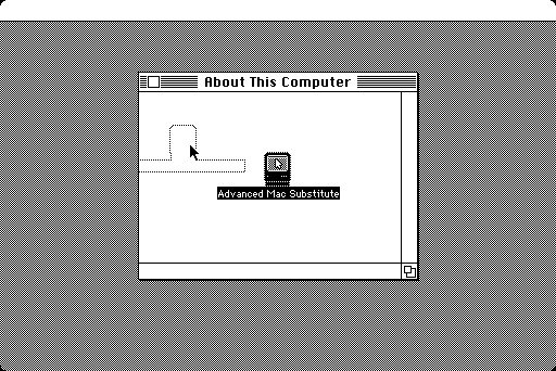 Dragging a gray outline of the Advanced Mac Substitute icon with title underneath (in the style of the classic Macintosh Finder)