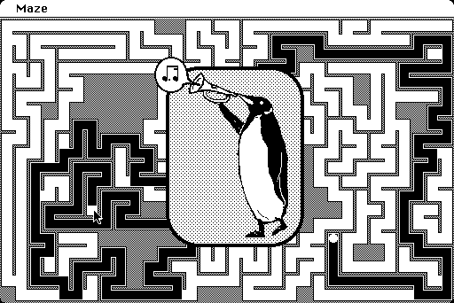 When you solve the maze, a picture appears of a penguin blowing a triumphant note on a bugle.