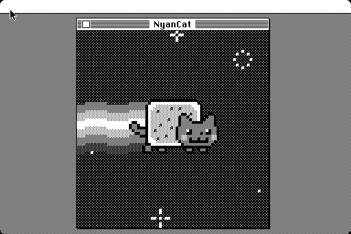 Still image of monochrome nyancat using patterns instead of colors