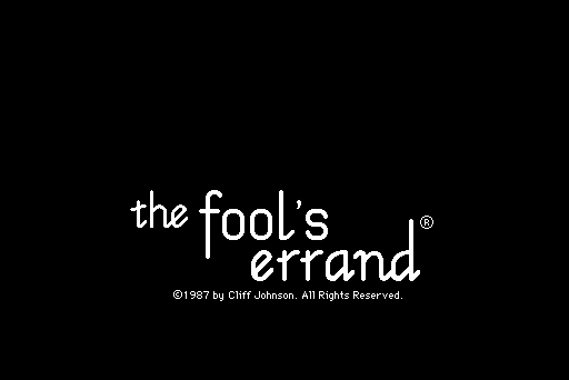 The white-on-black title screen of the prologue cinematic from The Fool’s Errand